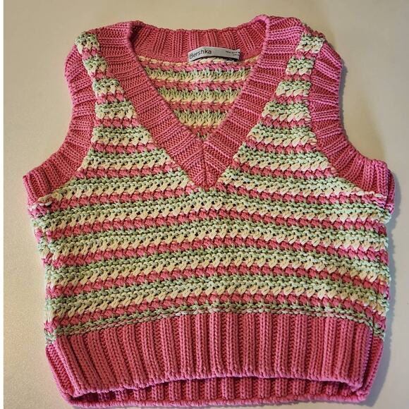 Bershka Pastel Striped Knit Cropped Sweater Vest Pink and Green Y2K Style - Picture 1 of 6